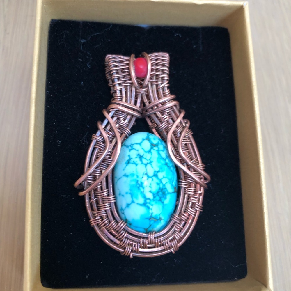 Copper Wire-Wrapped Turquoise Pendant Necklace with Red coral accent